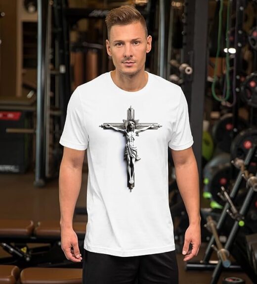 Native Raven Statue Style Cross Men's Organic Cotton Christian T-Shirt (1)