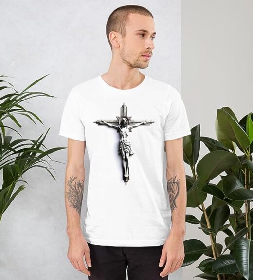 Native Raven Statue Style Cross Men's Organic Cotton Christian T-Shirt (2)